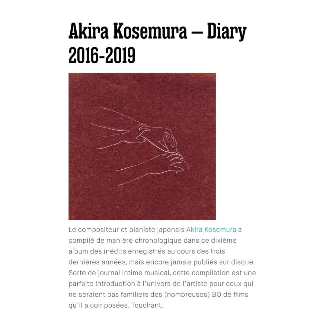 小瀬村晶さんのインスタグラム写真 - (小瀬村晶Instagram)「In France, "Diary 2016-2019" are featured on the selection of "Modern Classical albums to listen this year" of big print free magazine @anousparis and website. #akirakosemura #anousparis #modernclassical」11月20日 22時01分 - akirakosemura