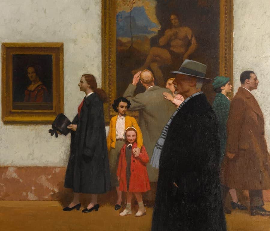 のインスタグラム：「. 🇫🇷 Mercredi, c’est #HistoireDuLouvre ! Saurez-vous reconnaître le lieu et l’époque représentés dans cette peinture ? 🔎 - 🎨 Cette œuvre, « Dans la Grande Galerie », a été réalisée par le peintre Georges Leroux à la fin des années 1940.  Après la seconde guerre mondiale et la mise à l’abri des œuvres du musée, le public retrouve la Grande Galerie du Louvre avec un nouvel accrochage. - 👀Désormais plus aérés et sur des murs blancs, cet accrochage a évolué, tout comme les attitudes et les modes vestimentaires des visiteurs. Le Louvre est cependant resté un lieu de contemplation et de promenade. Couples, enfants ou promeneurs solitaires viennent contempler les œuvres du musée. - 📍Retrouvez cette peinture au Pavillon de l’Horloge ! Cet espace muséographique a pour ambition de proposer aux visiteurs qui découvrent le musée ou qui le fréquentent régulièrement une vision globale et synthétique de ce qu'est le Louvre, avec son histoire, la richesse et la variété de ses collections, et son actualité. Aile Sully. - - - - 🌎 Wednesday it’s #LouvreHistory! Can you recognize the room and time depicted on this painting? - 🎨 This work, “In the Grande Galerie”, was made by the French painter Georges Leroux in the late 1940s. After the Second World War, when works were moved to regional shelters, the Louvre’s Grande Galerie reopened with a new hanging. - 👀 This more spacious hanging, against white walls, evolved along with visitors’ dress and attitudes, yet the Louvre remained a place of contemplation and promenade. Couples, children or solitary walkers come to contemplate the museum's works. - 📍Come and see this painting in the Pavillon de l’Horloge (Clock Pavillon)! This space welcomes visitors and takes them through the transformation of the palace—once home to the kings of France—into a museum. Interactive models, digital displays with archived documents, films, and artworks from the Louvre collections help tell the story. Sully wing. - 📷 Droits réservés / © RMN - Grand Palais (Musée du Louvre) / Stéphane Maréchalle . . . #Louvre #MuséeDuLouvre」