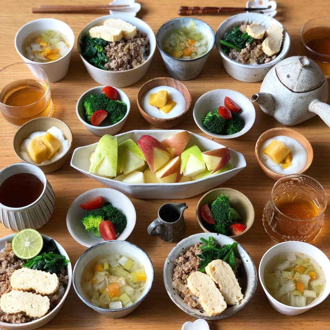 みかさんのインスタグラム写真 - (みかInstagram)「2019.11.21  おはようございます  今日のあさごはんは * ・そぼろたまごのせごはん ・野菜スープ ・トマト&ブロッコリー ・子ウサギりんご🍎🍏 ・マンゴーヨーグルト *  今朝はみんな大好きそぼろご飯。 で、朝から瞬く間に完食で😂 いつもちんたら食べてるのに〜 *  今朝は朝ランおやすみで ゆっくり眠れた〜 明日軽く走って大会前最後な予定。  完走目的ながら もうドキドキしてきた😭 *  大会のHPよーく見てたら 5キロごとくらいに給食があり チョコやバナナに加え、 終盤にはおにぎりにうどんにパンなどなど 置いてあるらしく 走る前から何食べるか考えてたり😂  あとは寒さが心配で まだ何きて走るか考え中〜 昨日エネルギーゼリーを 夫が買って来てくれて、あとは スポーツようかんなるものも 気になるから買ってみようかな。  と、結局食べる話に なってしまいました💦 *  今日もがんばろう〜 *  #あさごはん#朝ごはん#そぼろ丼#そぼろご飯#3色丼#野菜スープ#野菜たっぷり#そぼろ#肉そぼろ#器#直井真奈美#桑原典子#村上直子#宮崎和佳子#breakfast#morning#cooking#japanesefood#igersjp#locari#朝時間#朝美人アンバサダー#おうちごはん#おうちごはん記録#おうちごはんlover#おうち和ごはん」11月21日 8時38分 - mikasko