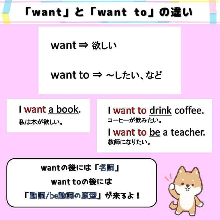 超絶シンプル英会話♪さんのインスタグラム写真 - (超絶シンプル英会話♪Instagram)「- - 今日は「want」と「want to」の使い方についてです♪ - 「to」がつくかつかないかで、実は大きく意味や使い方が違ってくる「want」。 まずは問題を解いてみてください♬ - 「want」と「want to」は、まず意味が違います。 「want」は「欲しい」 「want to」は「〜したい」などに意味になります。 - また、「want」の後には名詞 「want to」の後には動詞またはbe動詞の原型がきます。 - これも覚えておくと、テストやTOEICにも役立ちます♬ - また、③の問題にもある「want 〇〇 to 〜」は、「want to」の応用型で、「〇〇に〜して欲しい」と言うときに使う、日常会話でも頻出の言い方なので、一緒に覚えておきましょう！ - - ★フォロワー10万人突破記念★ - オンライン「身につく英会話スクール」へ 期間限定、無料ご招待！ この度有難いことに、当アカウントのフォロワー数が10万人を突破しました！ 皆様への感謝の気持ちを込めて、 現在開校中のオンラインスクール「身につく英会話スクール」へ、 無料ご招待します♪ 22日までの期間限定なので、ぜひお早めに✨ - ★応募方法はカンタン★ プロフィールページのリンクから、LINEで友達追加していただくだけです＾＾ 期間中ご入会いただいた方には、書籍のプレゼントも！ ぜひご応募ください＾＾ - - - #英語#英会話#超絶シンプル英会話#留学#海外旅行#海外留学#勉強#学生#英語の勉強#mami#オンライン英会話#英語話せるようになりたい#英会話スクール#英語教室#英語勉強#子育て英語#身につくオンライン英会話#オンライン英会話#studyenglish#365日短い英語日記#1回で伝わる短い英語#instastudy#書籍化」11月21日 19時31分 - english.eikaiwa