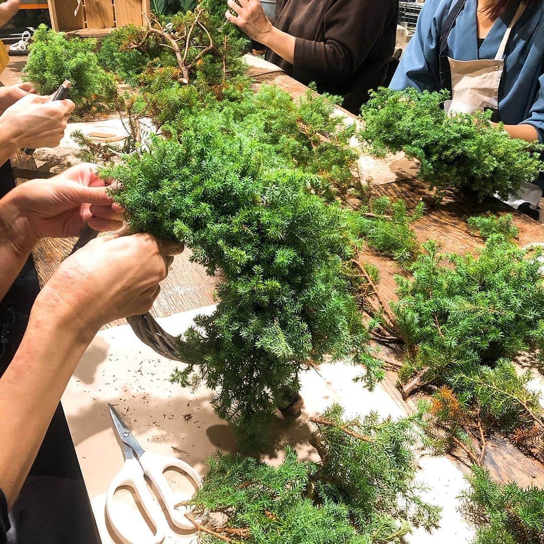 のインスタグラム：「<WORKSHOP-Hibiya> . 昨日日比谷店ではフラワーコーディネーターの山本文さんを講師にお迎えし、クリスマスリースのワークショップを開催しました。 . 毎年人気のリース作りですが、今年はヒムロスギの針葉樹のみを使用し、最後にホワイトペッパーや文さんオススメのコロンとした形が可愛らしいベルを装飾すると、クリスマスの雰囲気溢れる素敵なリースに皆さん仕上がりました。 . クリスマスの間までにお家にあるものやお気に入りのものを飾り付けをすることで、自分だけのリースを楽しむことができます。 . ご参加された皆さん、講師の先生の作り方や切り方などについて真剣な眼差しでお聞きになられていました。 . #トゥデイズスペシャル #todaysspecial #hibiya #東京ミッドタウン #ts_report」