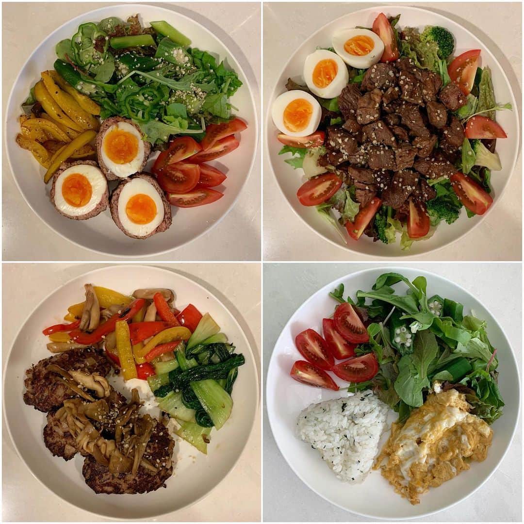 Aya（小山内あや）さんのインスタグラム写真 - (Aya（小山内あや）Instagram)「#AYAごはん 🍽✨ 混ぜ混ぜして作り置きしておいたストックサラダは使い回し。右下は朝ご飯、それ以外は夕ご飯です😋。 パプリカは彩り鮮やかになるので好きで良く使います♡♡ PFCバランス( Protein : たんぱく質・Fat : 脂肪・Carbo : 炭水化物 )の良い食生活を💪🏻🍽。 #AYAの身体づくりは食事半分トレーニング半分 #両方ともの相性が合えば身体は絶対変わる」11月21日 17時45分 - aya_fitness