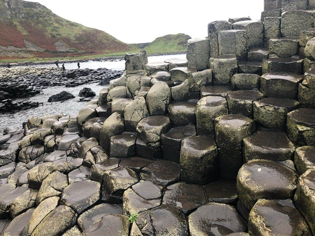 宮司愛海さんのインスタグラム写真 - (宮司愛海Instagram)「北アイルランド編🇬🇧 イニシュモア島へ行った翌日は、西部のゴールウェイから高速バスに乗って北アイルランドへ。 北アイルランドはアイルランドと同じ島にありながらイギリス領なんです。 国境はバスに乗ったまま通過するので、その存在をほぼ全く感じることなく、いつのまにか北アイルランドに入る、という不思議な感じでした😶 (アイルランドは「Coach」と呼ばれる高速バスが発達していて、島内の至るところに行くことができます。) . 中心街のベルファストは、街並みや人々もゴールウェイとはまた違う、都会な雰囲気。数百年という月日を経てきた古い建物で街が構成されているものの、どこか漂う洗練された空気はイギリスだからこそのものなんでしょうか？ブリティッシュっぽさを感じました🇬🇧 . 北アイルランドでは、ベルファストから1時間ほどの北部にある「ジャイアンツコーズウェイ」という世界遺産へ。昔、アイルランドに住んでいた巨人が、対岸のスコットランドにいる巨人に会いに行くため作ったという伝説もある世界遺産です。 ここにあるのは、自然が作り出した六角形の石柱群！ 火山から流れ出し固まった溶岩が長い月日をかけて侵食などを繰り返しこの形になったそうです。 綺麗な形の六角形の上に乗ってお願いごとをすると叶うとどこかで聞いたので探してお願いしてきましたよ🤭 ほかにも巨人のオルガンと呼ばれる石柱の集まりや、巨人のブーツなど、巨人の伝説にちなんで名付けられた遺産がたくさんありました。  あいにくの雨で寒さ増し増しでしたが...自然にできたとは思えない不思議な光景が強く心に残りました✌︎ . 北アイルランドはベルファストの方もゆっくり見たかったのですがあまり時間がなく...。 機会があればまたゆっくり行きたいなあ。 . #全体的に灰色 #ジャイアンツコーズウェイ」11月21日 22時28分 - manami_miyaji