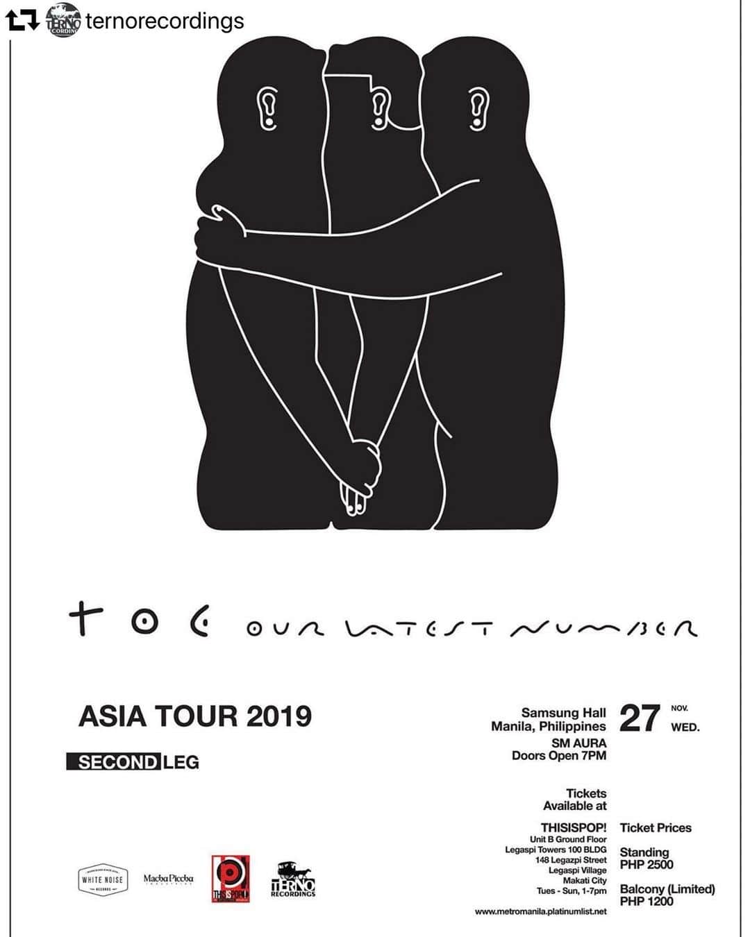 山嵜廣和のインスタグラム：「#repost @ternorecordings ・・・ TOEtal Recall !  Tickets  Balcony P1200 *Online Balcony tickets ( SOLD OUT) Physical Balcony tickets still available at ThisIsPop! Main floor standing P2500  are available at THIS IS POP! ( UNIT B ground flr LEGASPI TOWERS 100 BUILDING. 148 LEGAZPI ST. LEGASPI VILLAGE MAKATI)  kindly use GREENBELT HAMILTON as your pin since Legaspi Towers 100 where the shop is ( at the very front down a flight of stairs to the right) , is across from Greenbelt Hamilton.  Open from Tues - Sunday. 1pm -7pm )  and ONLINE as well via PLATINUMLIST https://metromanila.platinumlist.net/event-tickets/77095/toe-live-in-manila *pls TAKE NOTE that “balcony seats” aren’t numbered. It’s open seating.」