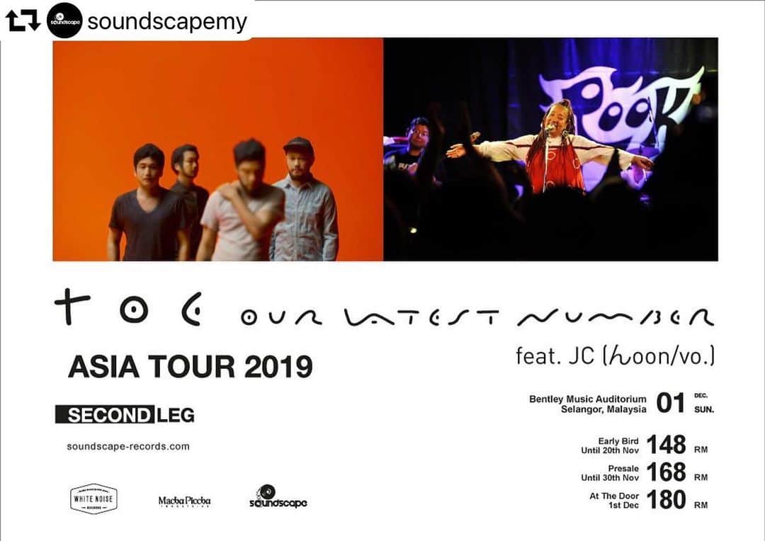 山嵜廣和のインスタグラム：「#repost @soundscapemy ・・・ #toejapan upcoming show at Bentley Music Auditorium will feature special guest vocalist - JC from Japanese indie rock band @hoon_jp_ , she is also featured on toe’s latest album “Our Latest Number”. We’re super excited to have her performing with toe in KL, so grab your tickets now and be part of this amazing show!  Early bird tickets extended till 20 Nov, you got 5 more days to go, act fast!  Ticket link: soundscape-records.com」