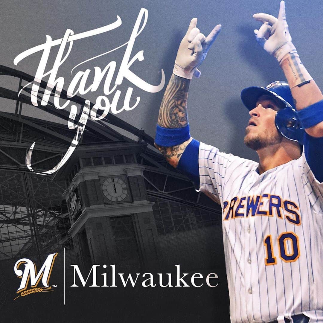 ヤズマニ・グランダルのインスタグラム：「I wanted to thank the Milwaukee Brewers organization and the fans. You guys took my family and I in with open arms and made it a very special year. We are grateful for all the love you showed us. Thank you...😈😈😈」
