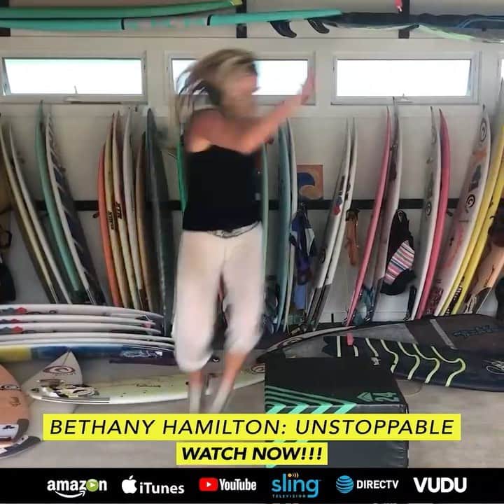 Bethany Hamiltonのインスタグラム：「Been really honing in on my fitness and body alignment lately. Pajama workout in the garage this morning since our dryer is out of order and all my workout clothes are stinky! Today, I focused on plyometrics here’s a generic moment! Fun fun!!! Also @unstoppablethefilm is out online so you can watch it from your couch! Planning international release for next year!!! #staymotivated @vulfpeck」