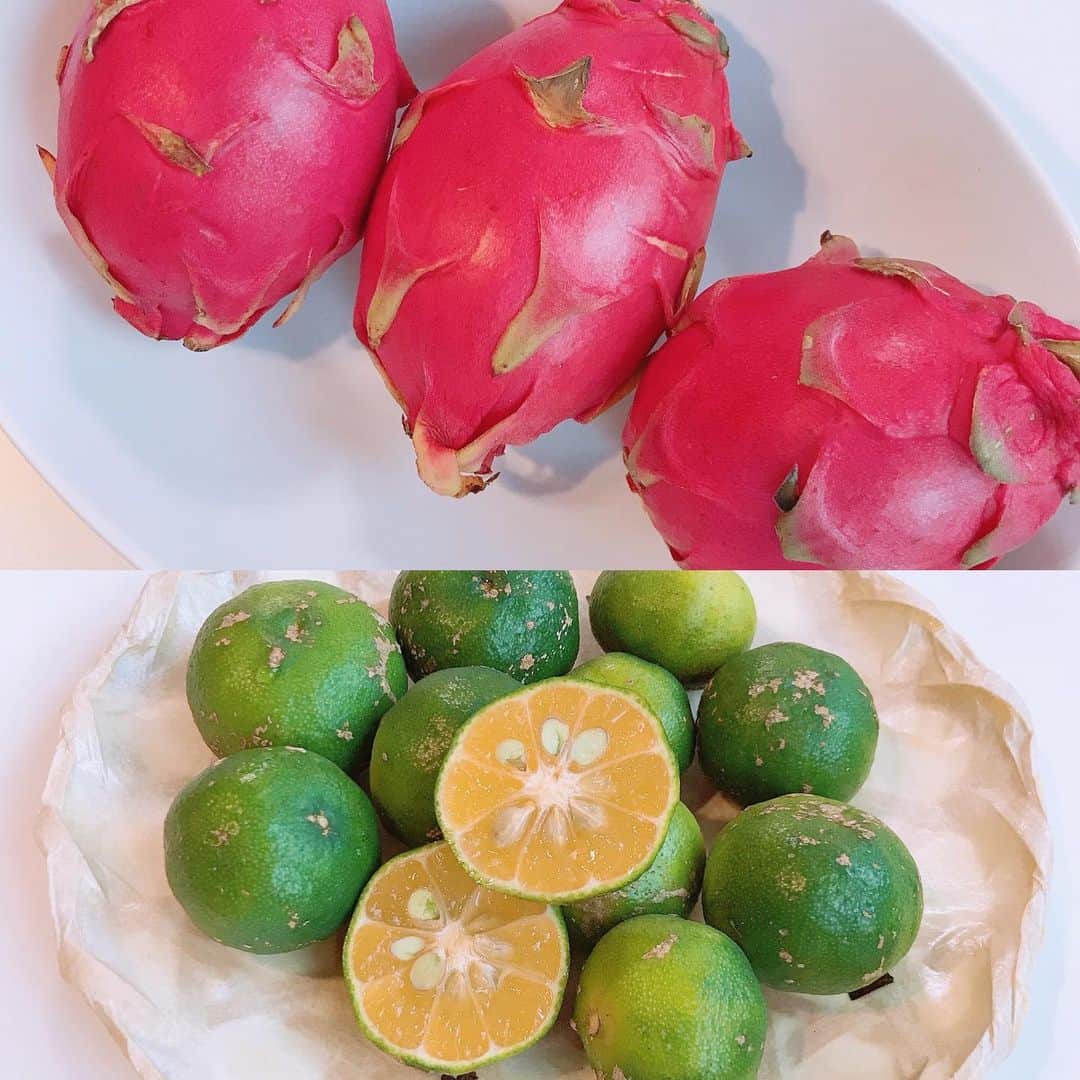 芦田桂子さんのインスタグラム写真 - (芦田桂子Instagram)「沖縄フルーツ祭り 先日行った沖縄、道の駅で買った色鮮やかなドラゴンフルーツとシークワーサー‼️ ・ 生まれて初めてこんなに甘くて美味しいドラゴンフルーツに出会ってしまった😍 やはり白に比べてピンクカラーは糖度が高く15度以上らしくドラゴンフルーツの常識ががわりました✨ ・ シークワーサーは絞ってジュースにしたり、サラダドレッシング、スライスしてお酒に入れたりかなりの万能選手 ・ やはり両者共、ビタミンCとカリウム、ポリフェノールの宝庫！ 太陽の日差しが強い南国沖縄で育つフルーツは理にかなった成分構成に納得です❤️ ・ 新鮮なうちに二つともスライスして冷凍保存して下準備OK🙆‍♀️ 今後の食イベントに登場させる予定です✨ ・ #沖縄  #南国フルーツ #美肌効果 #ムクミ防止 #カラダを冷やすので食べすぎ注意 #ドラゴンフルーツ #シークワーサー #model #野菜ソムリエ #beautywellnessdirector #芦田桂子」11月22日 12時08分 - keiko_ashida
