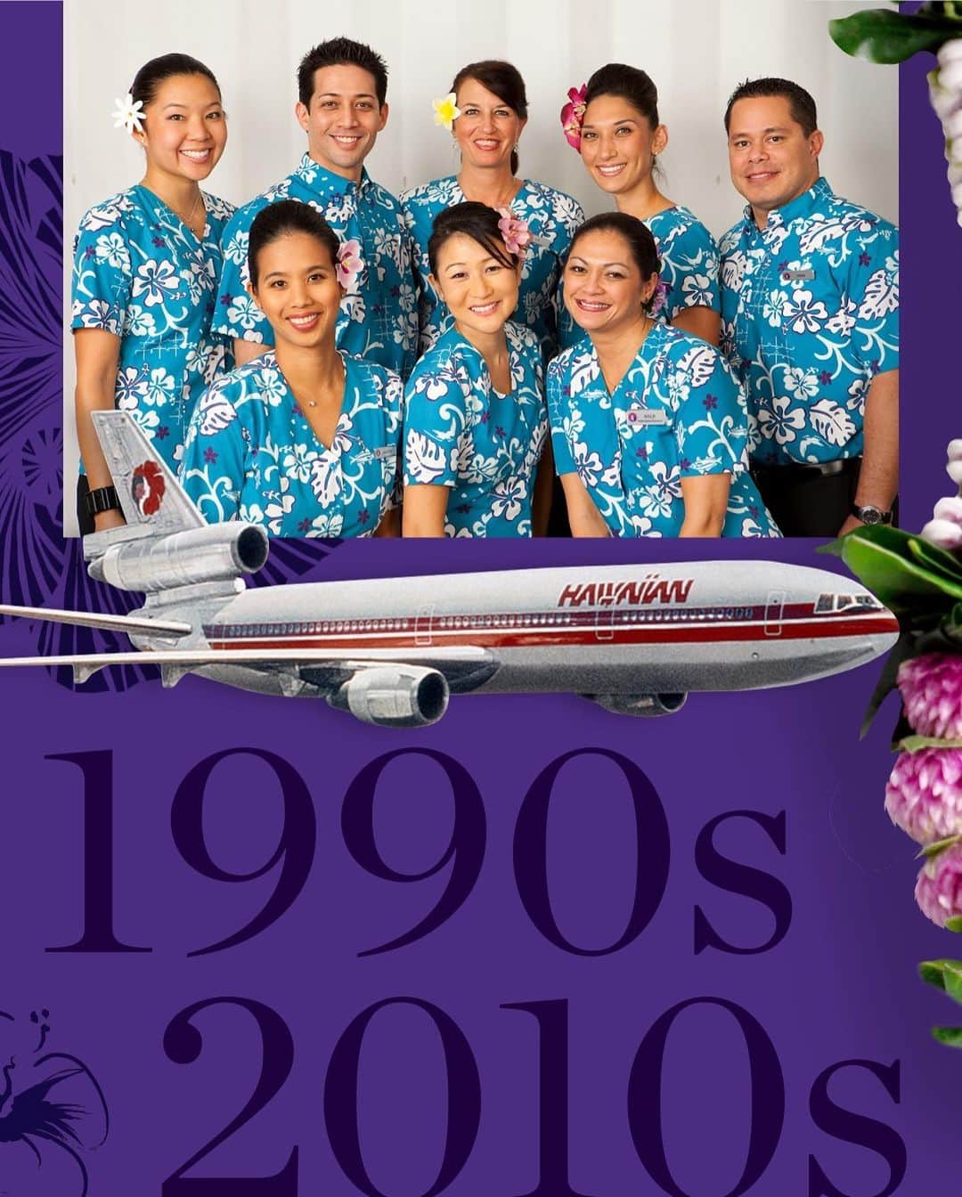 ハワイアン航空さんのインスタグラム写真 - (ハワイアン航空Instagram)「#ハワイアン航空90周年 💜 1990年代には、ワイドボディーDC-10旅客機を長距離路線に、DC-9をインターアイランド路線に導入しました。2000年に入るとボーイングB767ならびにB717をそれぞれ長距離・短距離路線に導入しました。新しくなった機材には刷新したロゴを塗装しました。新規路線にシドニー、東京、ソウル、オークランドが加わり、日本に限っては成田、新千歳、関空と4都市直行便を就航しました。その後、エアバスA330-200、A321neoに機材を交代し、さらには長距離路線用にB787ドリームライナーを発注。今月末には福岡に就航します！ これから先も皆様のご利用、心よりお待ちしております。 . 🎉 #ハワイアン航空90周年」11月22日 19時29分 - hawaiianairlinesjp