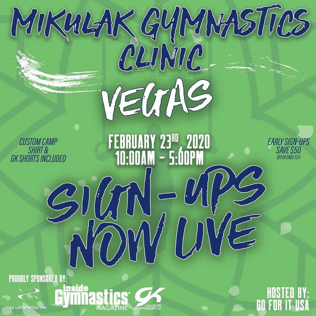 のインスタグラム：「Sign-ups for the first clinic of 2020 are NOW LIVE!  Join us at Go for IT USA in Henderson, Nevada, the day after Winter Cup Challenge/Blackjack on February 23rd, 2020. This will be your child's opportunity to be coached by some of the best athletes currently competing in the United States 🇺🇸 Our goal is to inspire, motivate, and fire up your kid's passion for the sport of gymnastics. See you there! *If you sign up before 12/1 you will save $50 and receive a postcard in the mail from me wishing your child Happy Holidays*  SIGN-UP LINK: in bio!  @mikulakclinics」