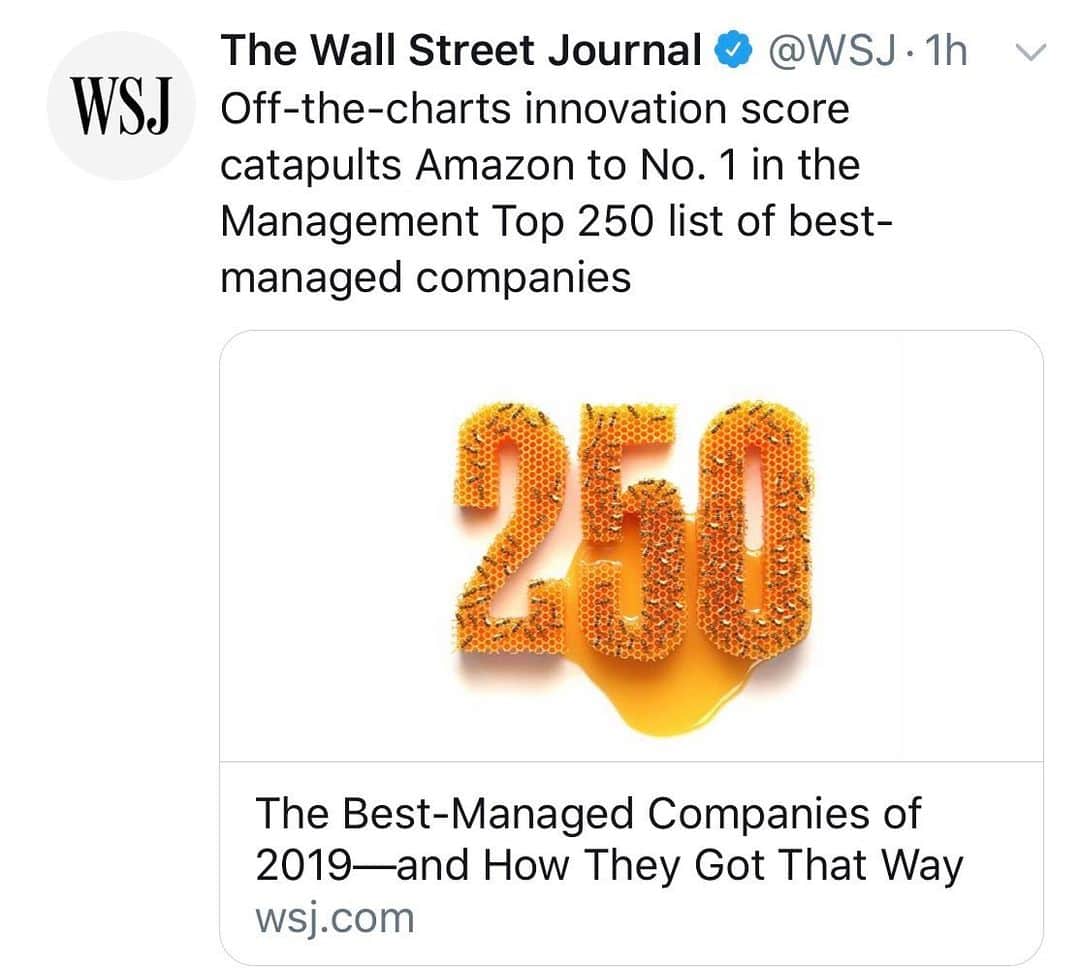 ジェフ・ベゾスのインスタグラム：「Nice! Amazon ranked #1 best managed company. Definitely the result of strong teamwork from people who care deeply and passionately about customers, their fellow employees, and the environment. Huge thank you and kudos to all Amazonians.」