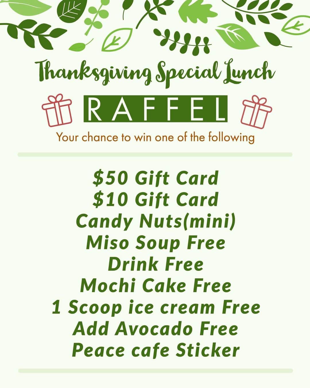 Peace Cafeさんのインスタグラム写真 - (Peace CafeInstagram)「Thanksgiving is coming up in less than a week. We have a special vegan Thanksgiving lunch you don’t want to miss! We are thankful for our customers and made a raffle. Big prize is $50 a gift card!!! Everyone who enters wins something. There’s no losers.  Rules- purchase a thanksgiving plate (description in the second picture) -when you pick up your plate, you will receive your prize . #peacecafe #peace #vegan #veganfood #vegetarian #hawaii #oahu #honolulu #luckywelivehawaii #lovehealthy #thanksgiving #veganthanksgiving」11月23日 10時37分 - peacecafehawaii