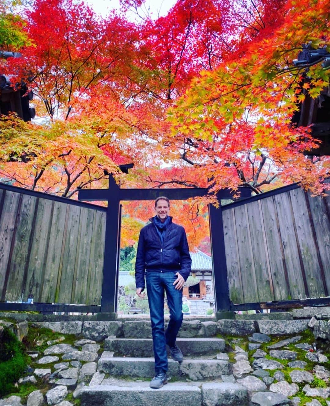 アンミカさんのインスタグラム写真 - (アンミカInstagram)「静かな紅葉場に行きたくて、小倉餡の発祥の地・小倉山の二尊院へ。 。 百人一首にも詠まれたここは、紅葉の名所と名高いが静かで🍁、、、 1200年の時を超えて美しい景観に包まれ、"釈迦如来"と"阿弥陀如来"の二尊を祀る寺院✨ 。 旦那様と、深呼吸しながら顔を見上げ、心明るくも静かなひと時を過ごしました。。 。 #法然上人ゆかりの寺として二十五カ霊場の十七番札所 #2枚目の写真が紅葉の名所と親しまれる紅葉の馬場🍁 #赤や黄色の色鮮やかな紅葉のトンネルに魅せられて🍁 #中にはしあわせの鐘の釣鐘の鐘楼が。 #紅葉刈り　#夫婦旅　#京都旅　@theodoremillertokyo」11月23日 16時13分 - ahnmikaofficial