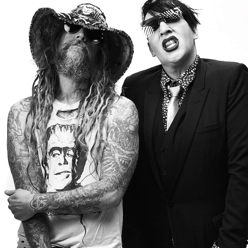 ロブ・ゾンビのインスタグラム：「Twins of Evil yo! Between the two of us we have 104 years of evil experience. Me 54, him 50. Ha! Photo by @travis_shinn 💀👍🏼#robzombie #marilynmanson #twinsofevil #careerofevil」