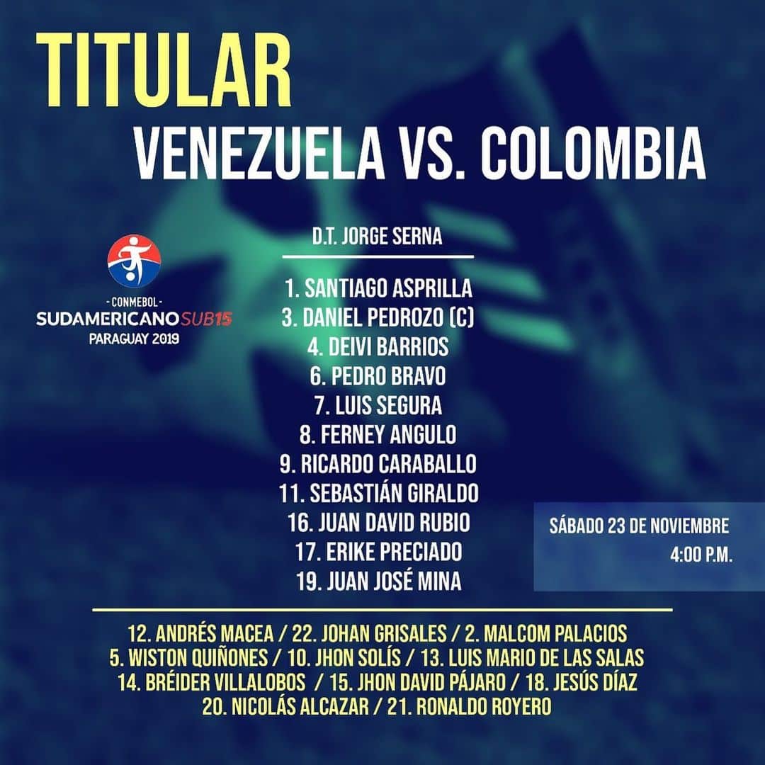 サッカー コロンビア代表チームのインスタグラム：「Este es el XI titular de nuestra Selección Colombia Sub-15 para su debut en el Sudamericano Asunción 2019:  Venezuela 🇻🇪 🆚 🇨🇴 Colombia  #COLxVEN #SelecciónColombiaSub15 #VamosColombia」