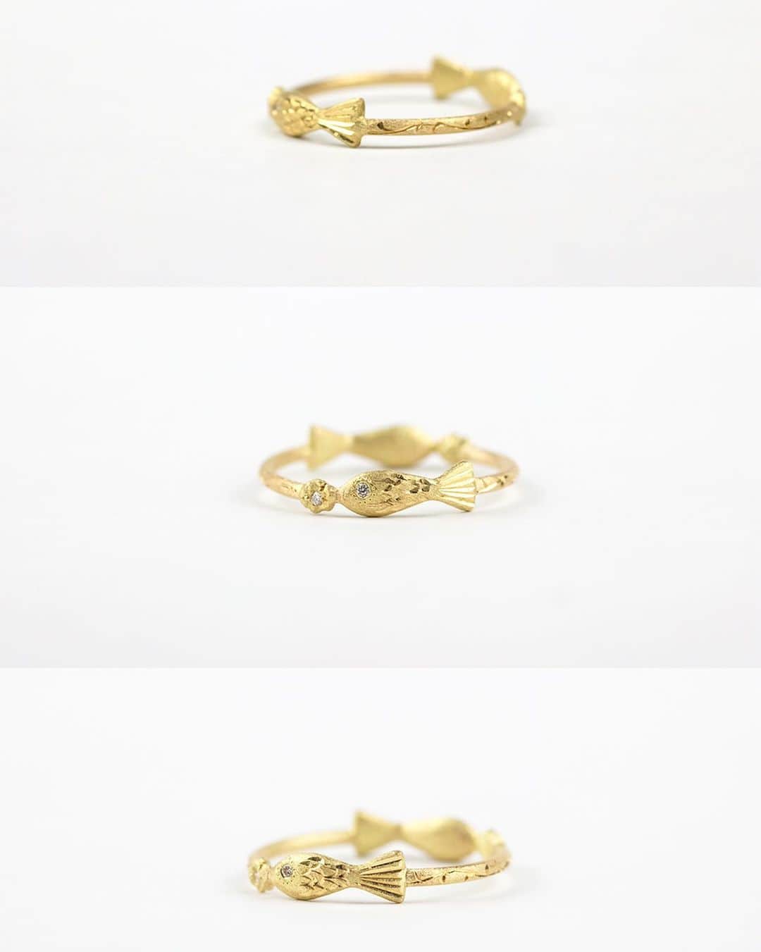 のインスタグラム：「“su” fish ring🐟~🐟~﻿ 18kYG,Diamond﻿ 水の中を２匹の魚が泳いでいる様子をかたどったリング。魚は古くから水のシンボルとされ、神の乗り物とも言われていました。リングの腕には水の流れをイメージした模様が彫られ、魚の目と吹き出した水にはダイヤモンドがあしらわれています。手作業で作られるため、魚の表情や彫りの模様が一点一点異なります。﻿ ﻿ This ring is made in the shape of two fishes swimming in water. Fish symbolize water, and are sometimes regarded as vessels for a goddess. The pattern of water flow is engraved on the ring, and diamonds are used for the fishes’ eyes and spouting water. Since each piece is individually hand-made, the look of each fish and engraved pattern are unique.﻿ ﻿ #muskajewelry #jewelry #ring #design #fish #water #myth #uniquejewelry #魚 #神話」