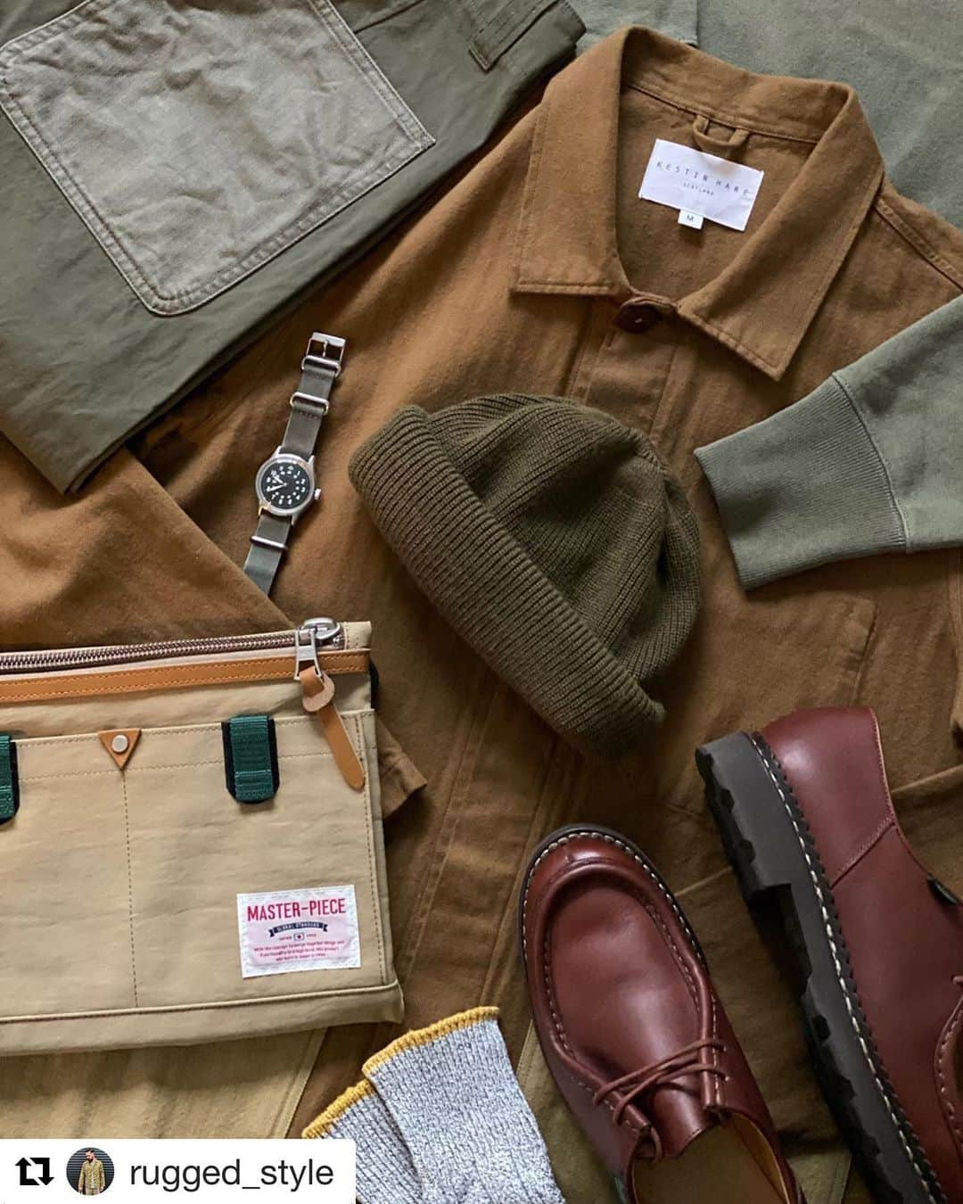 マスターピースさんのインスタグラム写真 - (マスターピースInstagram)「#Repost @rugged_style with @get_repost ・・・ Autumn shades featuring the limited edition Arobois Shirt in Toasted Oak from ‘Project Ampersand’; a collaborative project between @kestinhare and @innisandgunn_ #menswear #menswearblogger #mensweardaily #mensstyle #styleblogger #mensfashion #fashionblogger #dailylook #dailylook_japan #ootd #ootdmen #ootdmenstyle #whatiwore #wiwt #ruggedstyle #militarystyle #heritagestyle #japanstyle #kestinhare #innisandgunn #paraboot #parabootmichael #masterpiecejapan #nigelcabourn #championreverseweave #cabourn #universalworks #rototo」11月24日 18時41分 - masterpiece_japan