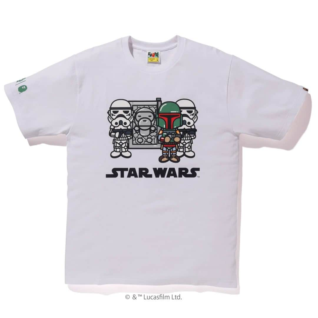 ア ベイシング エイプさんのインスタグラム写真 - (ア ベイシング エイプInstagram)「BAPE® has your Star Wars bounty.  In commemoration of the beloved Star Wars saga and timed to the launch of The Mandalorian, the first ever live action Star Wars series now streaming on Disney +, A BATHING APE® will release a curated collection of graphic T-shirts featuring the popular character BABY MILO® alongside icons from a galaxy far, far away…. This quarry of graphic T-shirts includes several styles to hunt: BABY MILO® dressed in costume reminiscent of an Imperial officer of the Galactic Empire and another design, taking a page from Star Wars: The Empire Strikes Back, features BABY MILO® frozen in carbonite.  Stylized Darth Vader, Boba Fett and stormtroopers also make appearances in the BLACK and WHITE T-shirt assortment.  All styles feature the iconic Mandalorian symbol printed on the back.  These “trophies” are available on Saturday, November 30th.  #StarWarsxBAPE」11月25日 22時01分 - bape_japan