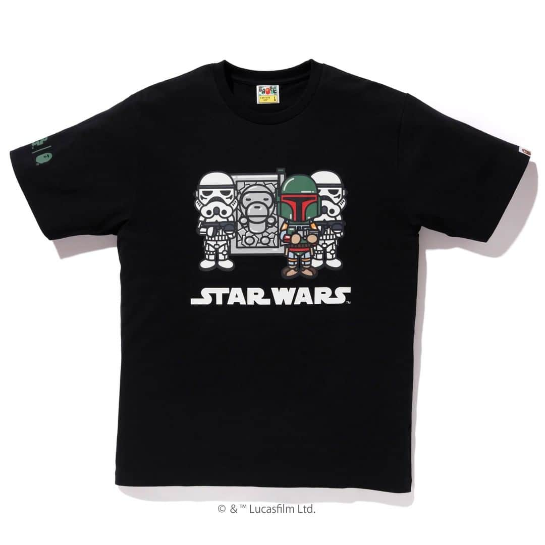 ア ベイシング エイプさんのインスタグラム写真 - (ア ベイシング エイプInstagram)「BAPE® has your Star Wars bounty.  In commemoration of the beloved Star Wars saga and timed to the launch of The Mandalorian, the first ever live action Star Wars series now streaming on Disney +, A BATHING APE® will release a curated collection of graphic T-shirts featuring the popular character BABY MILO® alongside icons from a galaxy far, far away…. This quarry of graphic T-shirts includes several styles to hunt: BABY MILO® dressed in costume reminiscent of an Imperial officer of the Galactic Empire and another design, taking a page from Star Wars: The Empire Strikes Back, features BABY MILO® frozen in carbonite.  Stylized Darth Vader, Boba Fett and stormtroopers also make appearances in the BLACK and WHITE T-shirt assortment.  All styles feature the iconic Mandalorian symbol printed on the back.  These “trophies” are available on Saturday, November 30th.  #StarWarsxBAPE」11月25日 22時01分 - bape_japan