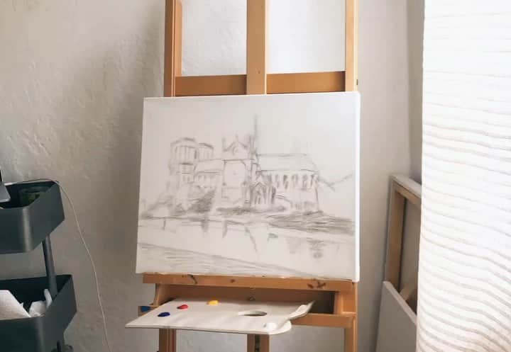ケイト・ボイージェルのインスタグラム：「THANK YOU guys so much for all the love for my new single “French!” 🇫🇷 I painted this song back in the spring before it was released, and Notre Dame prints for “French” just dropped in the shop! Head to the link in my bio to get one - they’re all numbered and signed by me. .  Limited quantities available, so if you want one jump over to the shop today! 🎨 .  https://www.katevoegele.com/merch/signed-french-painting-print-of-notre-dame-in-paris」