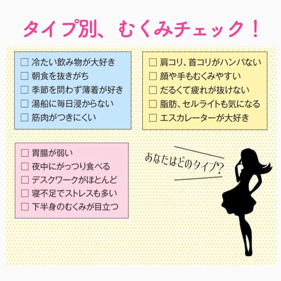 笑顔をリフォームする@健康小顔職人のインスタグラム：「． アナタのむくみはどのタイプですか？ ． ●ブルーの欄にチェックが多い方 筋肉量が少なく内臓が冷えていて代謝が悪いむくみタイプ ． ●ピンクの欄にチェックが多い方 いつも同じ姿勢で運動不足気味。下半身にむくみが出やすく、胃腸の機能が弱っているむくみタイプ ． ●イエローの欄にチェックの多い方 肩、首コリが原因でリンパの流れが悪い。血流やリンパの流れが悪いので代謝が落ちて体がダル重いむくみタイプ ． 皆さんはいかがでしたか？日頃から適度な運動を取り入れて、むくみが気にならない体作りをしていきましょう！ ． ． 幸せな笑顔が世界中に沢山溢れますように✨ ． ． 💆🏻‍♀️心美体を整える「小顔整顔トリートメント」 👰ブライダル小顔🤰マタニティ小顔＆足リフレ ♨️代謝を上げる「Hot&Coldストーンリンパマッサージ」 ご予約はプロフ🔗→HP→予約サイトへ！ ． ． ✨気を整えて心と体を健康に！チャクラエネルギーセラピー ※Hペッパー等の予約サイトからは予約できません。ご予約は必ずホームページからお願いします(プロフ🔗) ． ． 💟あなたも小顔職人になれる👍 小顔職人養成スクール！スクール生募集中！詳細・お申込はプロフ→HP→小顔養成スクールへ！ ． ． 🍀小顔職人が作ったリフトアップクリーム&ボタニカルオイルを紹介！更に小顔や美容を解説！ @happy_cosme_kogaoshokunin ． ． #むくみ改善 #むくみ解消 #冷え性#肩こり#首こり#リンパ#下半身むくみ #幸せはいつも自分が連れてくる #笑顔は世界を明るくする #皆んなでハッピーになろう #自分を愛そう #世界が愛で溢れますように #自然治癒力は素晴らしい  #健康な小顔になろう #体温を上げて代謝を上げよう #心身共に整ってこそ美容 #笑顔をリフォームする小顔職人 #いつもご覧頂きありがとうございます」