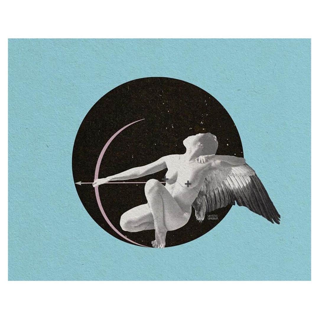 ナタリア・コルドバ・バックリーのインスタグラム：「*NEW MOON* in SAGITTARIUS 11/25/19  After plunging the depths we rise! Those of us who gave up the ghost are resurrecting from the funeral pyre.  Sagittarius brings us a passionate impulse to radically burst forth in a new direction, to cast off our clothing and shackles, and let our arrows fly.  And while there’s a real wind that can lift us to higher ground, we can temper our impulses with a grounded strategic vision to expand in the ways our Soul has deeply desired.  It’s the result of genuine healing which allows us to be brave hearts, ready to face whatever challenges may arise, because we are coming from our authentic truth.  That is the freedom net that Sagittarius casts forth, as the light breaks upon the horizon… ::: PAT LILES says : “our horizons expand : Axis Mundi : allow love and connection to all beings be the guiding force : release where we have felt wounded in love and respect : acceleration and evolution: differentiating from the dominant culture : deep in our dream-creating essence : welcome in what awaits us after our lengthy surrender of the old” : PAM YOUNGHANS: “tune our thoughts to the right vibrations in order to attract the right results : AND being open to the Will of the Cosmos” : APRIL ELLIOT KENT: “Envisioning something that hasn’t existed before : ignore nay-sayers : resist the urge to imitate others : keep dreaming bigger dreams for ourselves, and for our world” : ELLIAS LONSDALE: “something extraordinary is happening : liberated to conceive the inconceivable and to renew your tangled and damaged roots in the old wise woman way that never ages and always works” ::: Full  download >mysticmamma.com ARTbyme #MYSTICMAMMA > “EROS ARROW” (Edited) Limited Edition Prints in shop ↠🖤 #Repost @mysticmamma 🙏🏽✨♥️✨」
