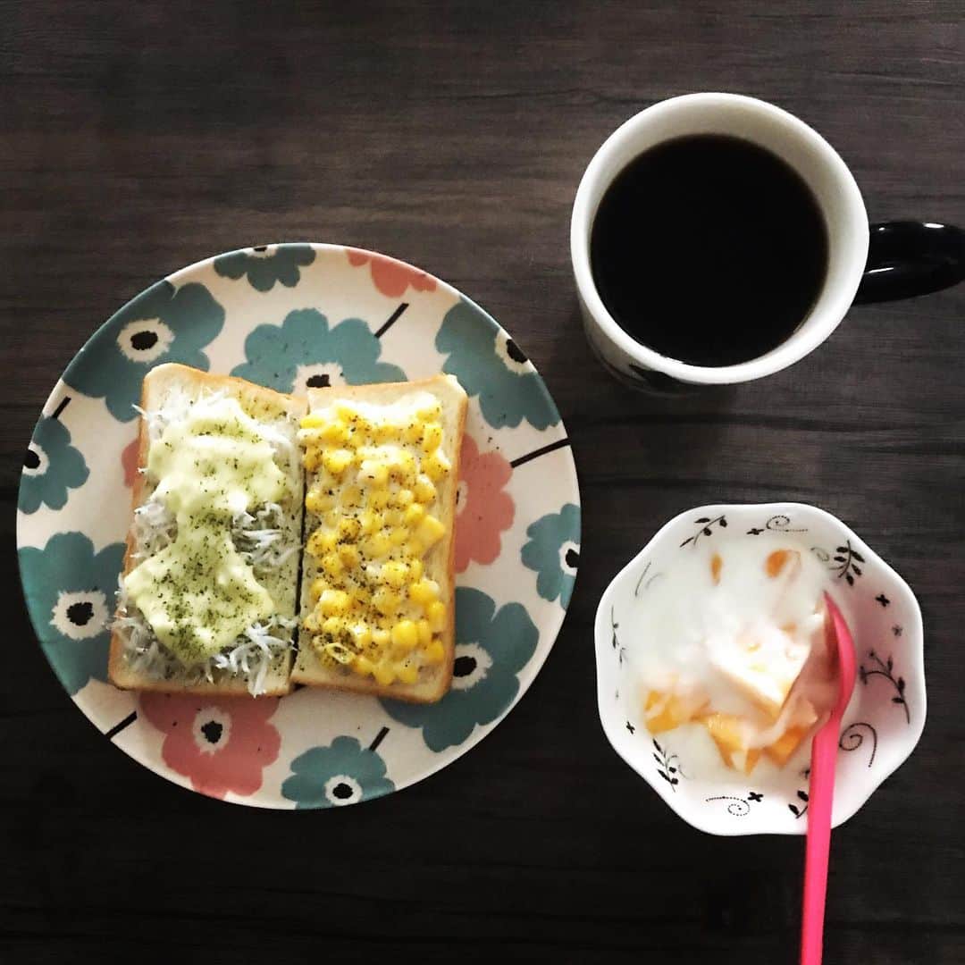 森由月さんのインスタグラム写真 - (森由月Instagram)「・ 最近は、こんな感じの朝ごはんが多い。 手間と満足感と栄養のバランスがとてもよい。 ＊ ＊ ＊ #トースト #朝ごぱん #しらすチーズトースト #マヨコーントースト #柿ヨーグルト #コーヒー #2色トースト #健康 #おうちごはん #おうちモーニング #朝食  #toast #yogurt #coffee #breakfast」11月26日 12時42分 - mori_yutsuki