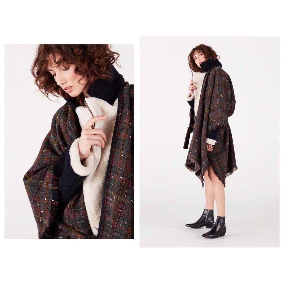 のインスタグラム：「Stéfania porte le blouson Earhartt Bicolore en peau lainée, tannée sans chrome, et le poncho Iowa Nodo Bicolore en tissage laine vierge Ecossaise et Argentine à carreaux chevrons. 1 taille de chaque disponible en boutique au 88 boulevard Beaumarchais, Paris XI. . Stefania wears the Earhartt Bicolore jacket in woolly skin, chrome-free tanned leather, and the Iowa Nodo Bicolore poncho made of Scottish and Argentine virgin wool weaving with chevron checks. 1 size of each available in store at 88 boulevard Beaumarchais, Paris XI.」