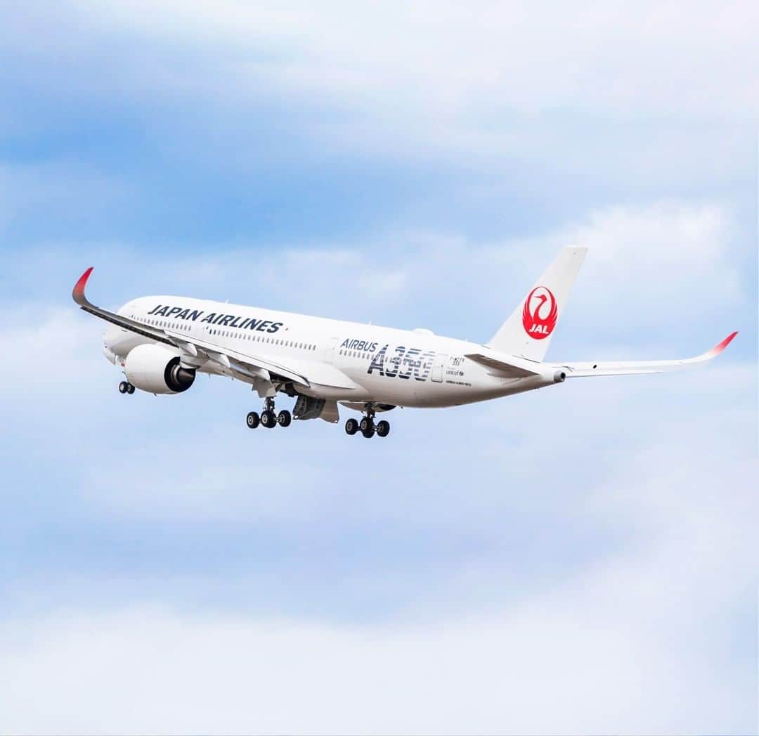 のインスタグラム：「. Our second #JAL #A350! The silver A350 logo, meant to represent "Innovation," sparkles brightly💫 #WorldlyNovember . A350 2号機✈︎ ”革新”を表すシルバーのロゴが映えます✨ . photo by P.Masclet/Airbus Post your memories with #FlyJAL  #JapanAirlines  #airbus #airplane #JAL_A350」