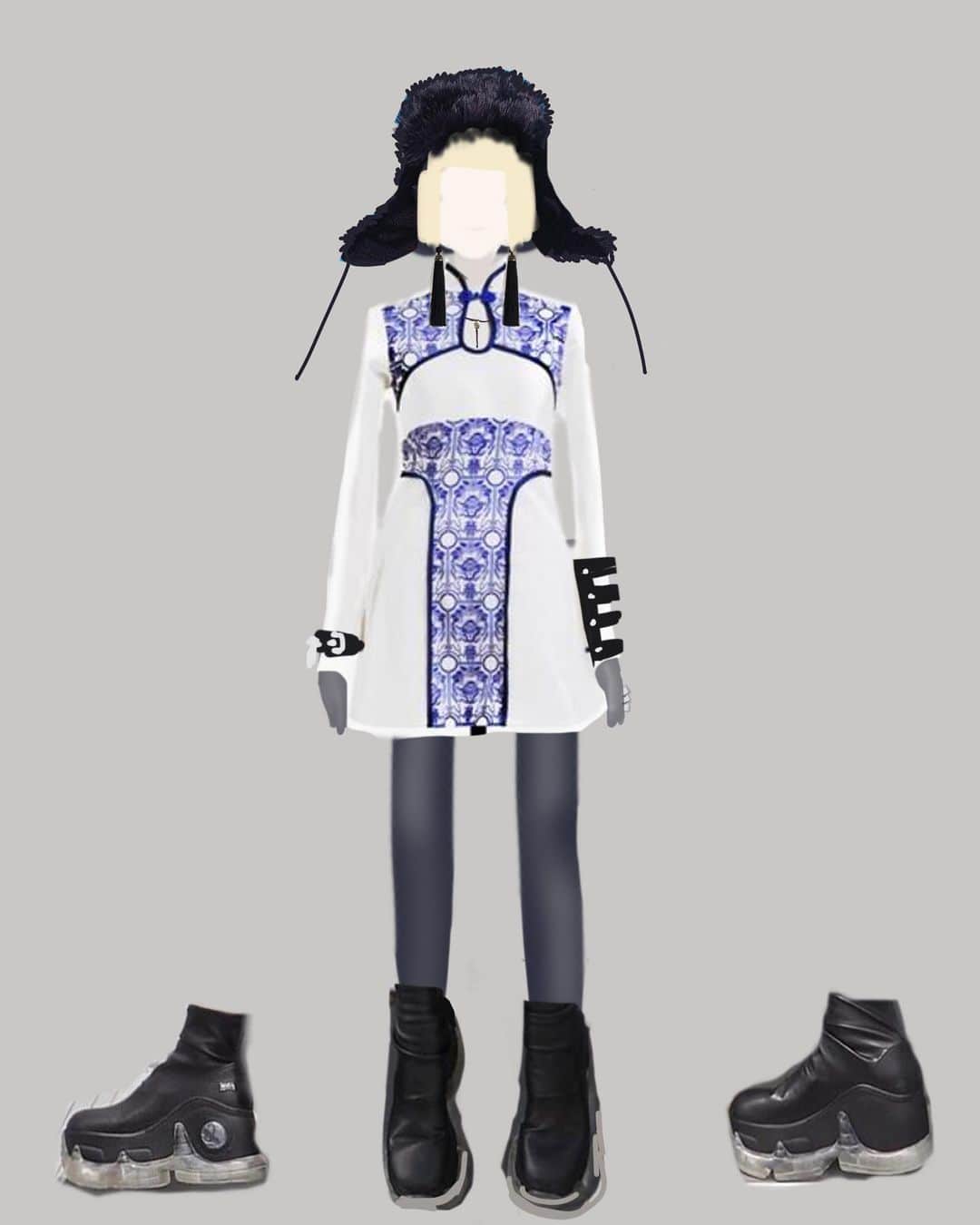 si ouxのインスタグラム：「衣装の打ち合わせ図🎨﻿ upABORN(VIVE VAGINA)の1stコレクションのブルーウィーローワンピをメインに。﻿ でかいふさふさイヤリングはこの日のために制作した一点ものです。﻿ ﻿ 私の打ち合わせは基本こうして絵をベースに書き足す形でイメージを共有しながら話を進めます。スタイリングでもなんでも。」