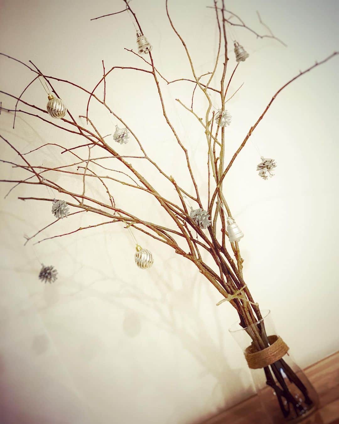 YU-Aさんのインスタグラム写真 - (YU-AInstagram)「#Christmastree 🎄 前の投稿で手に持ってるんだけど枝を拾って、まとめて花瓶に入れただけのお手軽ツリー🎅 飾りはとりあえず家にあったやつを... 可愛い飾りがあったら変更＆追加していこうと思う✨ 今年は12月になる前に飾れて良かった😊  お正月のしめ縄飾りも作ろうと思って今どんなのにするか考え中🎍 この松ぼっくりお正月の飾りに使いまわそうかしら🤔  こういうの作ってる時間が今1番ワクワクして楽しいかも。 良い材料に出会えた時なんか嬉しくて仕方ない🤩 近々 #東京堂 へ行こうと思う👍🏿」11月27日 10時07分 - yua_official