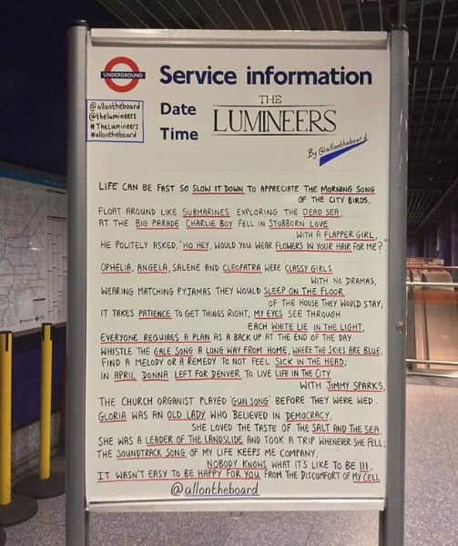 The Lumineersさんのインスタグラム写真 - (The LumineersInstagram)「#Repost: Tonight @thelumineers will be mesmerising the crowd at @theo2london The Lumineers poem is at North Greenwich station. @allontheboard .⁣ ⁣.⁣ ⁣.⁣ ⁣‪#TheLumineers @jeremiahfraites @wesleyschultz #TheO2 #allontheboard ‬」11月28日 0時07分 - thelumineers