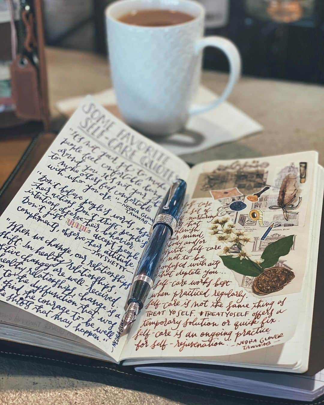 Catharine Mi-Sookさんのインスタグラム写真 - (Catharine Mi-SookInstagram)「Enjoying some quiet time at the local cafe with a hot mug of rooibos chai tea and a few of my favorite accoutrements. I started a weekly self-care #bulletjournal a few months ago and it’s such a wonderful resource to flip through especially during the holiday season, which is admittedly one of my favorite times of the year, as the kid in me still finds it so magical and wondrous, and yet it’s also the most hectic (aka I feel up to my eyeballs with work, projects and family schedules) and bittersweet (missing my dad) too. I’m being intentional this year with carving out more room for self-care, honoring my own boundaries and pausing in the midst. I want to savor the joyous moments and let them be the momentum that girds all else. I know the holidays can be a mixed bag for many, so my wish is that somehow that which brings you warmth and joy finds you extra this year. From my heart and mug to yours, cheers. ♥️☕️ . . . Featuring the @montegrappaitalia Miya 450, a very limited edition and celluloid beauty with sterling silver trim and a 14k gold nib offered at an introductory discount at @penchalet through the link in my bio or penchalet.com/cmisook. . Also featuring the Writer’s Medic Bag by @galen_leather and the last design of their founder (and beloved friend) Zeynep. It’s now available on their site with an introductory discount! The best time to snag one if you can! . TN Notebook @soumkine. Personalized Vagabond Notebook in Umber waxed canvas co-designed by @franklinchristoph & myself. . . . Pen & bag were gifted to me by the brands. . . . #journaling #selfcaredaily #selfcarematters #montegrappaitalia #montegrappapen #penchalet #fountainpens #penmanship #galenleather #writingbox #leatherhandbag #whatsinmybag #franklinchristoph #loveforanalogue #vagabondnotebook #soumkine #travelersnotebook #bujoideas #bujojunkies #bulletjournalideas #bulletjournaljunkies #planneraddict #bulletjournalweekly #stationerylover #stationeryaddict #thedailywriting #coffeeshopvibes #scrapbooking」11月28日 0時18分 - catharinemisook