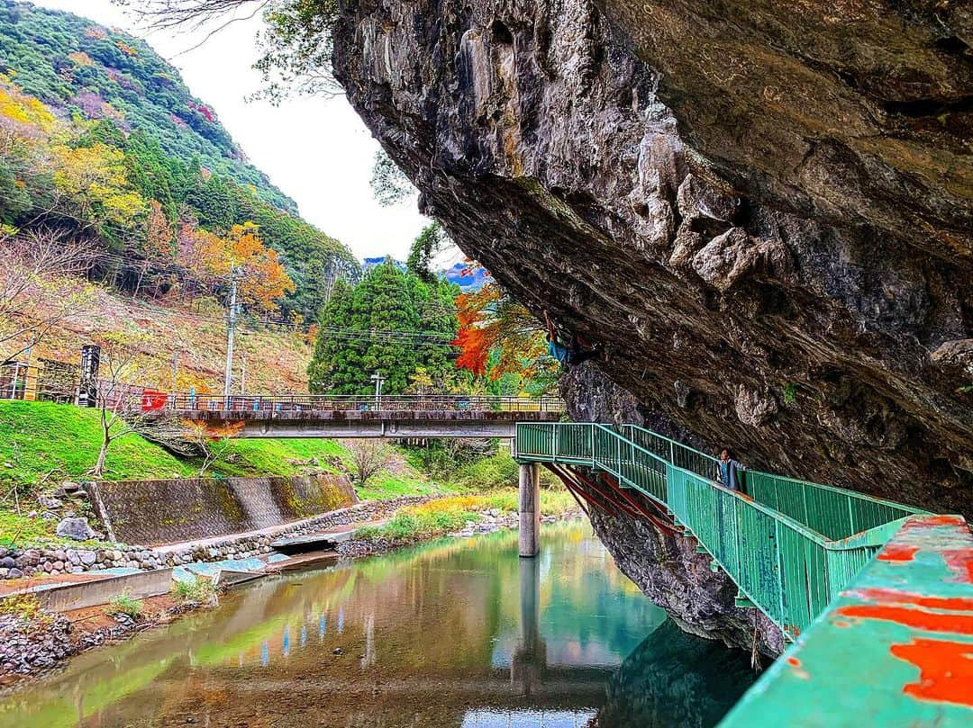 一宮大介のインスタグラム：「紅葉と川と石灰岩って感じ🍁  Here is Honjo in Japan that’s my one of favorite area.This hang makes pump our arms👊」