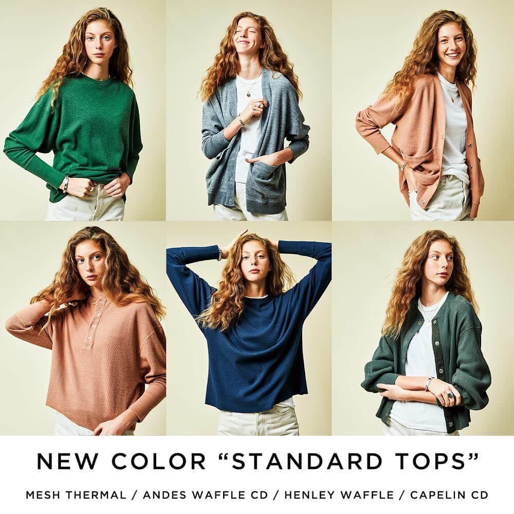 のインスタグラム：「【NEW COLOR "STANDARD TOPS" 】  定番のカットソーシリーズに、ヴィンテージライクな新色が登場いたしました。  華やかなのに、派手にならないヴィンテージライクなカラーはデニムとも相性抜群。  春を感じさせる淡いピンクやグリーン、ネイビーブルーは毎日のスタイルを明るくしてくれます。  定番のカットソーシリーズは気兼ねなく洗濯できることもオススメポイントです。  ぜひ、この機会にご覧くださいませ。  #shinzone #シンゾーン #theshinzone #shinzone_basic #newcolor #basic #standardtops」