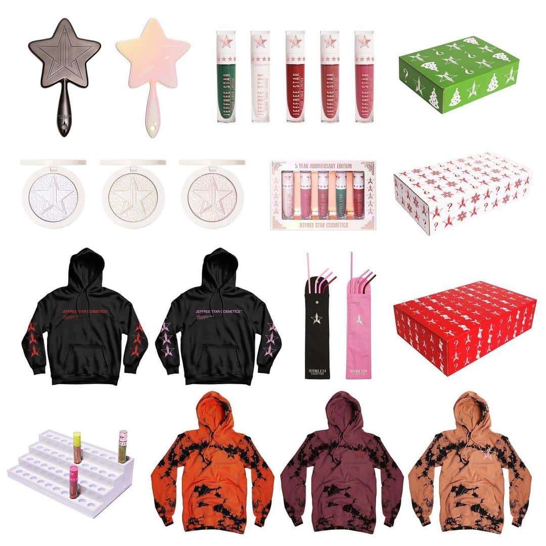 Jeffree Star Cosmeticsさんのインスタグラム写真 - (Jeffree Star CosmeticsInstagram)「Here are all the new items launching tomorrow!!!! 🔥💖⭐️ It’s our 5th anniversary as a brand AND #BlackFriday so we are starting early ✅ Tomorrow starting at NOON PST / 3PM EST the entire site will have FREE U.S SHIPPING and all products (excluding new items) will have major discounts! 😇  Holiday Liquid Lip Bundle - $75 Travel Straw Sleeve - $12 Extreme Frost - $50 White Glitter Makeup Display - $30 5th Anniversary Hoodies - $45 New Tie-Dye Hoodies - $45 Iridescent & Onyx Star Mirrors - $25」11月28日 8時48分 - jeffreestarcosmetics