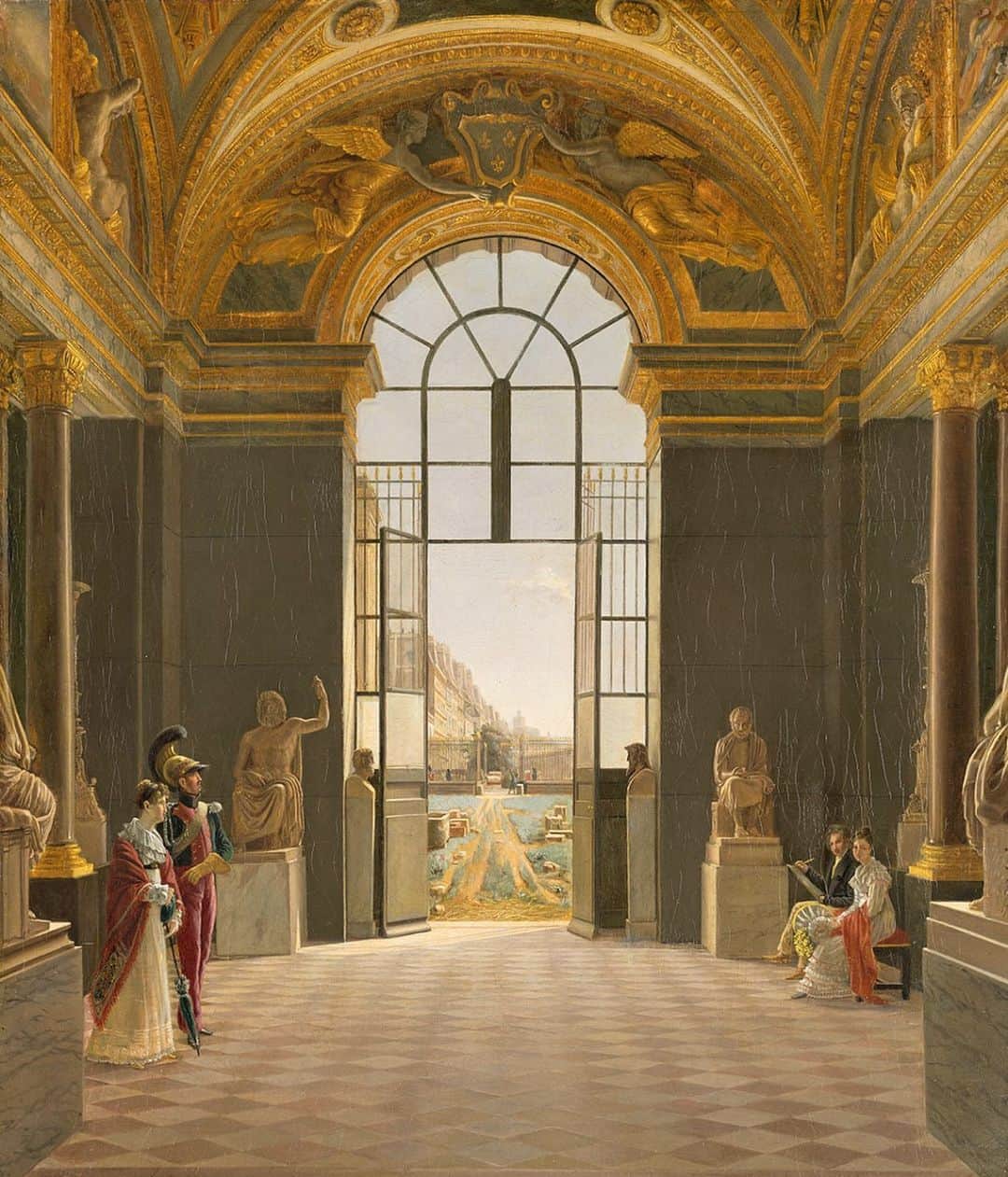 のインスタグラム：「. 🇫🇷 Mercredi, c’est #HistoireDuLouvre ! Aujourd’hui, focus sur l’ancienne salle de la Paix. - 🎨 Ce tableau a été réalisé par le peintre Etienne Bouhot et représente une vue de la salle de la Paix au Louvre vers 1820. Cette salle faisait partie du Musée des Antiques, ouvert en 1800. - 👀 Cette vue nous permet d’avoir un aperçu de la variété du public qui fréquente le musée au XIXe siècle. Le musée a alors un rôle prépondérant dans l’enseignement du dessin et la pratique de la copie. - 🔎 Un couple composé d’un militaire en uniforme et d’une élégante femme en tenue Empire déambule dans la salle. A droite, un dessinateur et une seconde femme sont assis sur un banc prévu pour le repos des visiteurs. - - - - 🌎 Wednesday it’s #LouvreHistory! Today, focus on the former salle de la Paix. - 🎨 This painting was made by Etienne Bouhot. It depicts a view of the Salle de la Paix in the Louvre, about 1820. This room was part of the former antiquities museum, wich opened to the public in 1800. - 👀 This view gives us an idea of the visitors attending in the 19th century. It also highlights the role the museum played in teaching of drawing and copying. - 🔎 A soldier in uniform walks alongside an elegant woman in Imperial dress, while a draughtsman sits next to another woman on a bench offered to those seeking a moment’s rest. - 📷 © RMN - Grand Palais (Musée du Louvre) / Adrien Didierjean . . . #Louvre #MuséeDuLouvre」