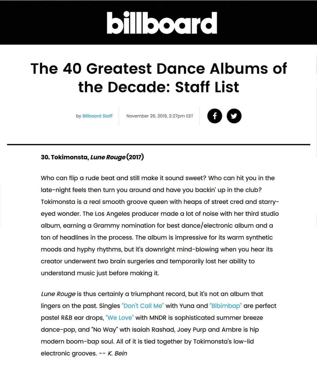 TOKiMONSTAさんのインスタグラム写真 - (TOKiMONSTAInstagram)「Wow @billboard! I’m insanely grateful to have my song “Go With It” listed as one of the 60 greatest dance singles  and “Lune Rouge” listed as one of the 40 greatest dance albums of the last decade. 🙏 🙏 🙏」11月28日 2時34分 - tokimonsta