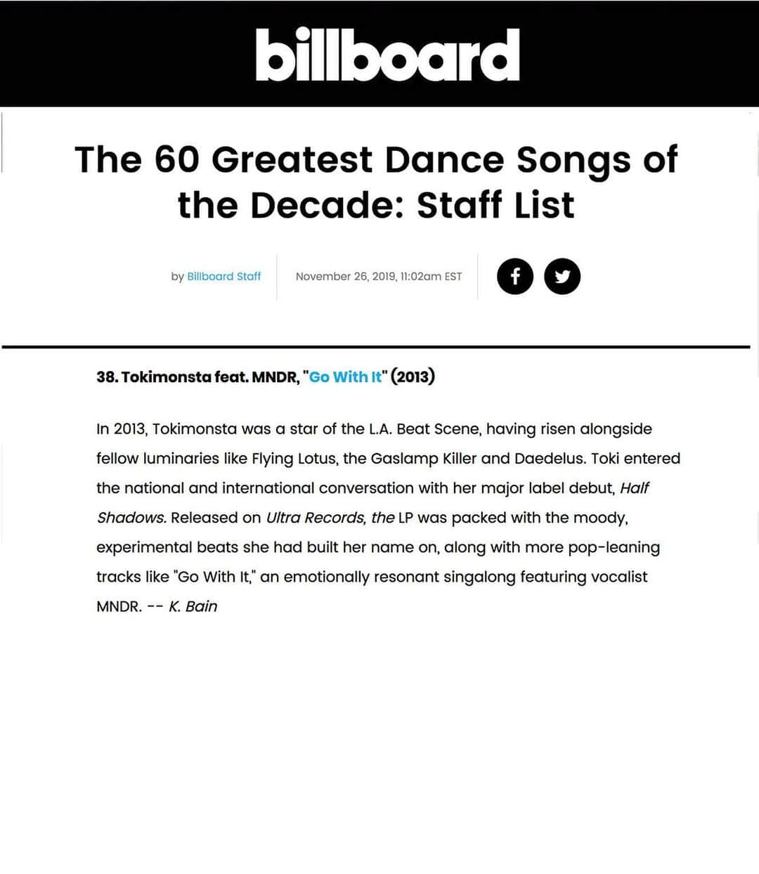 TOKiMONSTAさんのインスタグラム写真 - (TOKiMONSTAInstagram)「Wow @billboard! I’m insanely grateful to have my song “Go With It” listed as one of the 60 greatest dance singles  and “Lune Rouge” listed as one of the 40 greatest dance albums of the last decade. 🙏 🙏 🙏」11月28日 2時34分 - tokimonsta