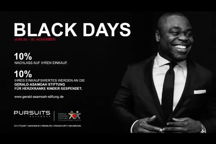 ゲーラルド・アサモアのインスタグラム：「Sparen & spenden bei @pursuits_menswear in Kooperation mit meiner @gerald.asamoah.stiftung 😎🙌🏿🙌🏿 #blackfriday #suitup #anzeige」