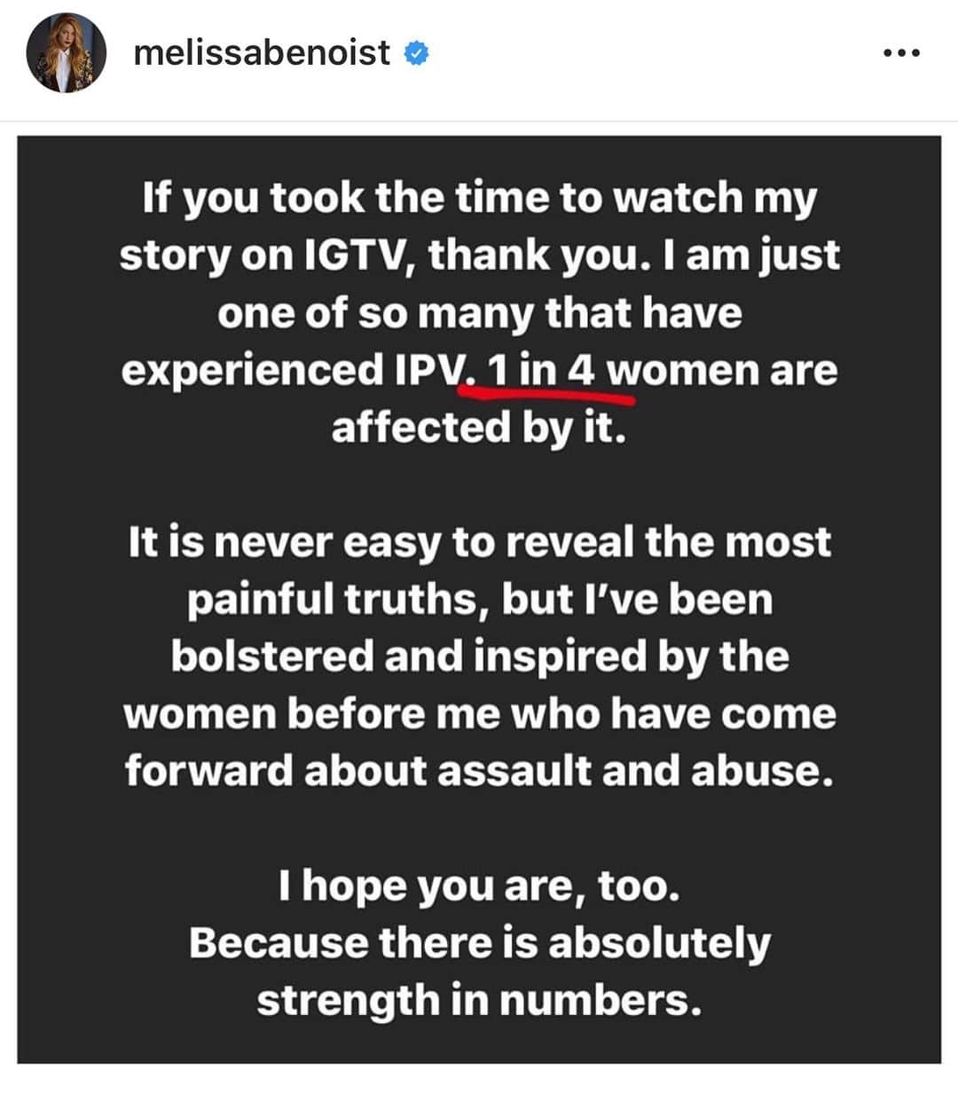 リリ・ラインハルトのインスタグラム：「Please take the time to visit  @melissabenoist’s IGTV. I am so moved by her bravery and strength in coming forward about her experience. Share this message, talk to your family about this, do not shy away from this subject.」