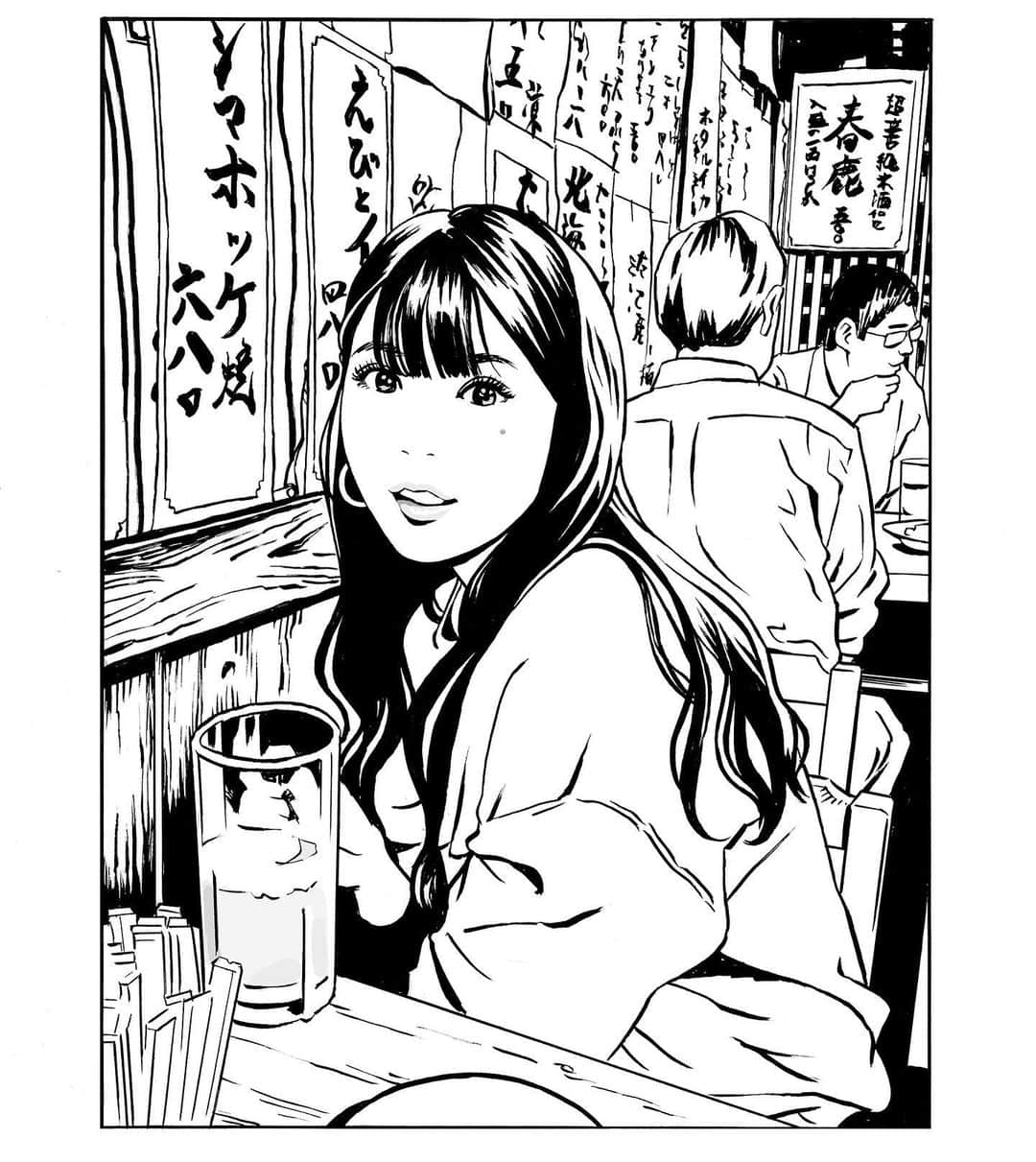 江口寿史のインスタグラム：「non-noで描いた馬場ふみかさん。発売中の本誌に掲載してるモノクロ線画版と本誌では未発表のカラー版。」