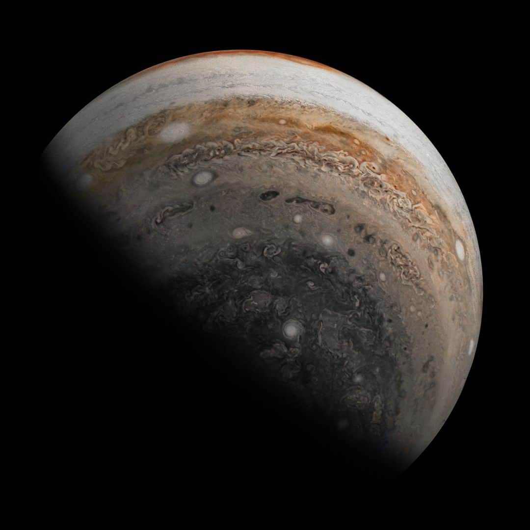 NASAさんのインスタグラム写真 - (NASAInstagram)「Looking back at Jupiter's chaotic southern hemisphere...🌀⁣ ⁣ After a close flyby of Jupiter on Nov. 3, 2019, our @nasajuno spacecraft's JunoCam captured this striking view of the giant planet, showing massive cyclones and chaotic clouds. When the image was taken, Juno was traveling at about 85,000 mph (137,000 kilometers per hour) relative to the planet. A little more than an hour earlier — at the point of closest approach to the cloud tops — the spacecraft reached speeds relative to Jupiter in excess of 130,000 mph (209,000 kilometers per hour).⁣ ⁣ Citizen scientist Ali Abbasi created this image using data from the spacecraft's JunoCam imager. ⁣ ⁣ Image data: NASA/JPL-Caltech/SwRI/MSSS⁣ Image processing by AliAbbasiPov, © CC BY⁣ ⁣ #jupiter #planets #solarsystem #nasa #juno #clouds」11月28日 8時00分 - nasa