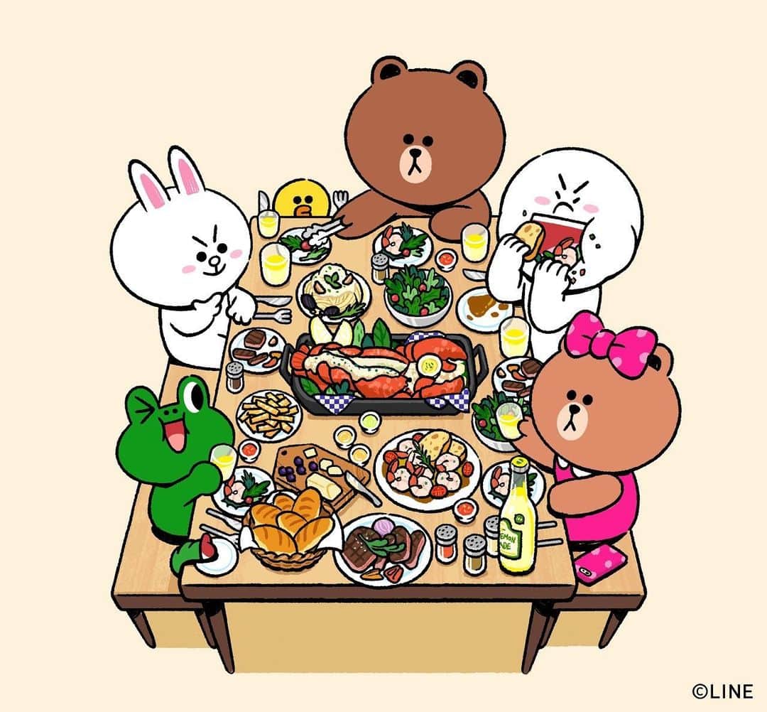LINE FRIENDSさんのインスタグラム写真 - (LINE FRIENDSInstagram)「. So what do you want to eat guys? 😁 . "Yes." . #FoodParty #BROWN #CONY #SALLY #LEONARD #EDWARD #CHOCO #MOON #LINEFRIENDS」11月28日 15時08分 - linefriends