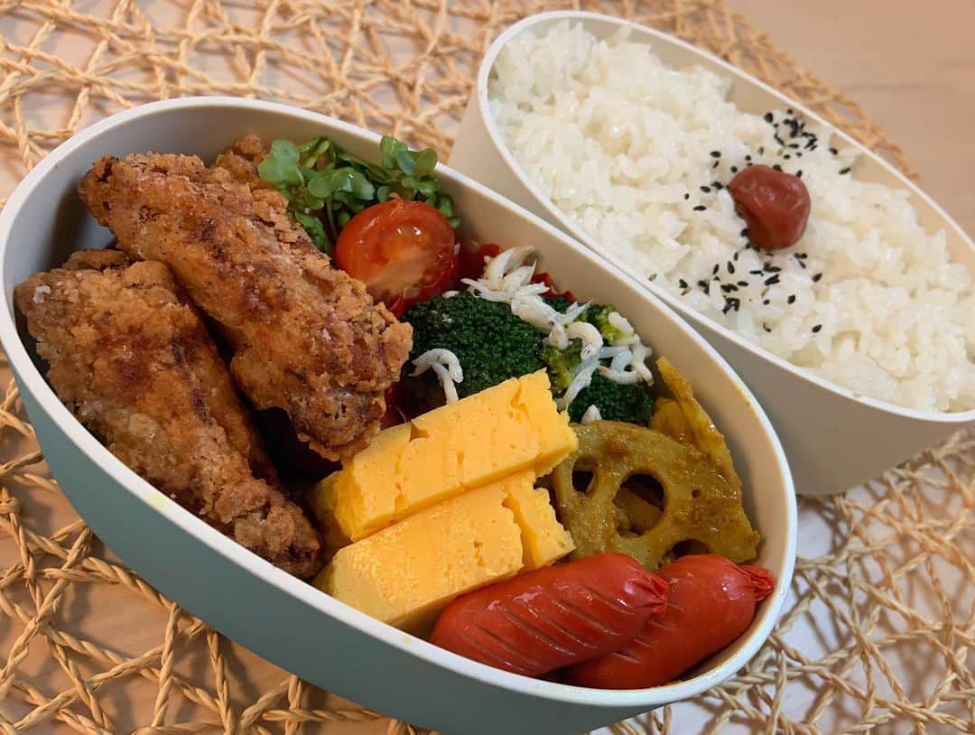 本田しおりさんのインスタグラム写真 - (本田しおりInstagram)「#今日のお弁当  #鶏のスペアリブ唐揚げ #ブロッコリーとしらすのオリーブマリネ#蓮根のカレー煮#玉子焼き#赤ウインナー #梅としらすの胡麻おにぎり  #お弁当 #本田弁当 #旦那さん弁当 #神ちゃん弁当」12月13日 10時55分 - _shiori_honda_
