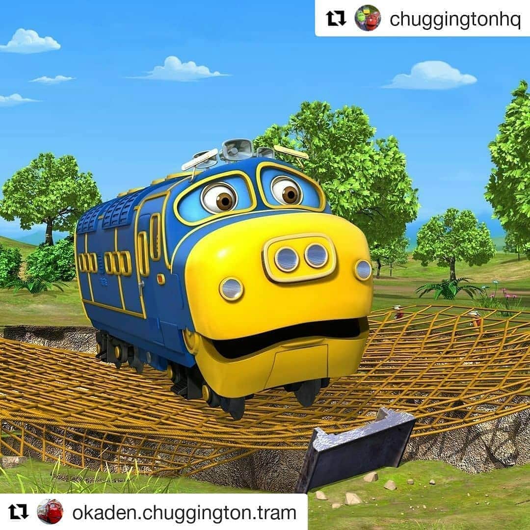 のインスタグラム：「#Repost @okaden.chuggington.tram (@get_repost) ・・・ ＊ なんてこった〜😖 #chuggington  #Brewster  #ブルースター  #チャギントン  #おかでんチャギントン  #困り顔が可愛い  #Repost @chuggingtonhq (@get_repost) ・・・ Me trying to figure out a work-life balance 😵  GO！GO！チャギントンは毎週日曜あさ6時15分～好評放送中！  #フジテレビ系列#FNS#8ch#OHK#岡山放送」