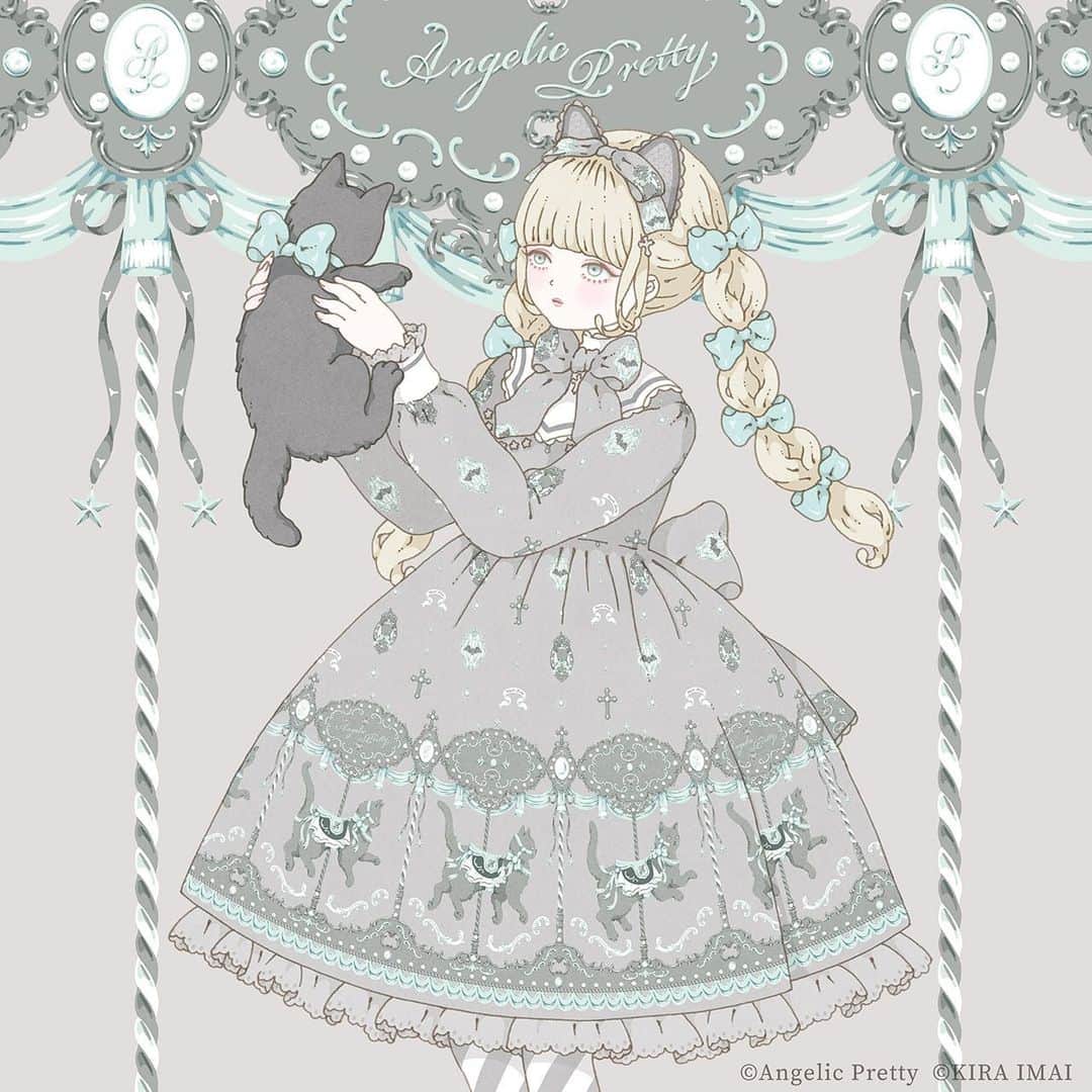 今井キラのインスタグラム：「Angelic Pretty「Dream Cat Go Round」のテキスタイルとポストカードを担当させていただきました🐾﻿ ﻿ 🎠﻿ ﻿ 🎠﻿ ﻿ 🎠﻿ ﻿ #angelicpretty #kiraimai #sweetlolita #lolitafashion #kawaii #kawaiifashion #lolitagirl #cat #merrygoround #🎠」
