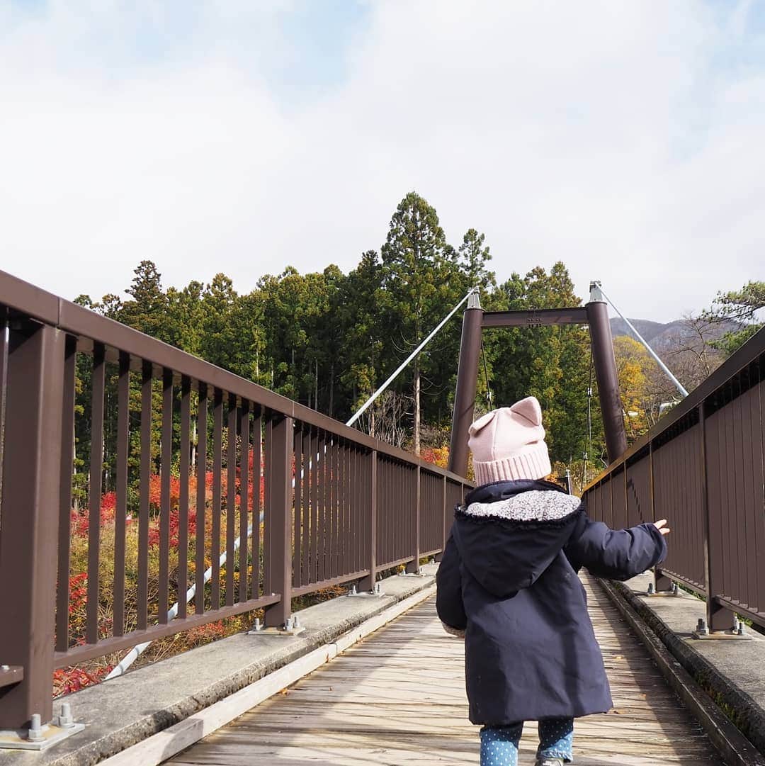 Kuboi Ayumiさんのインスタグラム写真 - (Kuboi AyumiInstagram)「家族で川のせせらぎに癒されながら紅葉を楽しんできました！ 本当にきれいなので、スワイプしてみてくださいね。  こちらは水上温泉に行ったときに立ち寄った諏訪峡遊歩道の途中にある与謝野晶子歌碑公園です。  利根川の渓谷美を橋の上から眺めたり。 ちょっと揺れる橋に最初は「こわい～！」と泣いていた娘でしたが 最後にはにっこり！  私が行ったときはチラッと雪が降ったりして、本当にきれいな紅葉を満喫できました。 のんびり散歩しながら、娘たちはどんぐりを拾ったり、きれいな落ち葉をせっせとバッグにつめたり。 秋を堪能してきましたよ。  ちなみに、今回水上温泉で宿泊したホテルは、お気に入りのみなかみホテルジュラクです☆  @minakami.hotel.juraku_official #家族旅行 #群馬旅行　#travel #gunma #ドライブ #drive #水上温泉 #群馬 #japan #インスタ映え #photogenic #フォトジェニック #dress #みなかみホテルジュラク #pr #宿泊体験記 #紅葉」11月28日 21時04分 - himekagami
