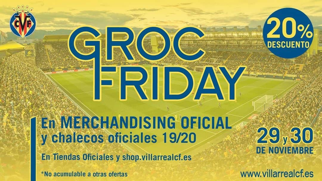 ビジャレアルCFさんのインスタグラム写真 - (ビジャレアルCFInstagram)「¡Dos días de Groc Friday 💛! ¡Aprovecha mañana viernes y el sábado nuestros descuentos en las tiendas oficiales del #Villarreal! . #futbol #football #soccer #laliga #blackfriday」11月28日 21時37分 - villarrealcf