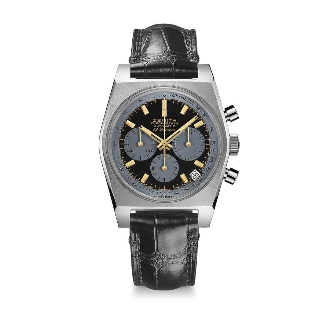 ゼニスのインスタグラム：「#A384: With only a brief snapshot of Jigen’s watch from the animated series of Lupin the Third, the teams at Zenith worked on bringing the fictional dial to life. The matte black dial features contrasting grey chronograph counters and tachymeter scale, with golden hands and applied markers completing the look. Creamy beige SuperLuminova fills the hands and applied markers in a way that blends with the golden tones while giving a slightly aged appearance. Limited to 50 pieces exclusively for Japan.  #Zenith #ZenithWatches #Lupinthethird #Lupin #Lupiniii #Manga #Watches #Watch #Watchesofinstagram #Watchfam #WatchoftheDay #Luxury #WatchAddict #Watchcollector #Horology #DailyWatch #ElPrimero #Chronograph #VintageWatches」
